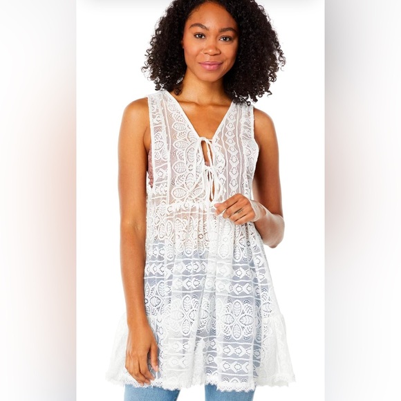 Free People Olivia sheer lace mini layering dress in ivory - Picture 5 of 5